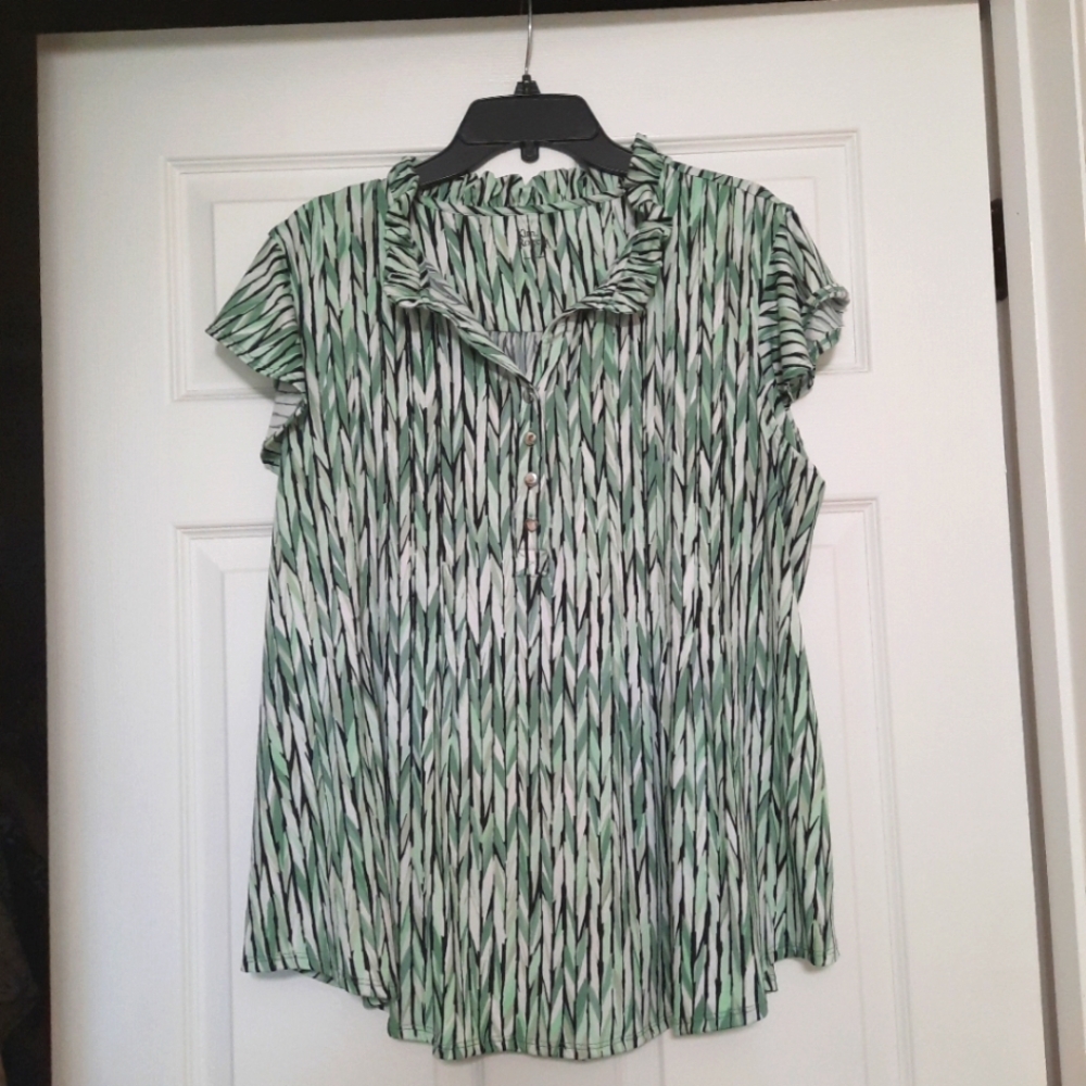 Kim Rogers Size XL Green Black Ruffle V-neck Flutter Sleeve Blouse